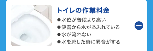 トイレの作業料金
●水位が普段より高い
■便器から水があふれている
●水が流れない
●水を流した時に異音がする