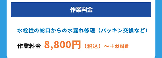 作業料金
水栓柱の蛇口からの水漏れ修理 (パッキン交換など)
作業料金 8,800円 (税込) ~ +材料費
