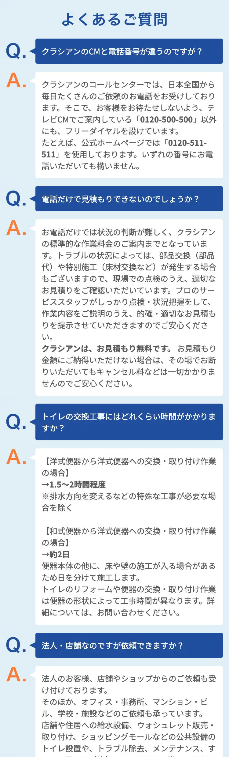 よくあるご質問
Q.
クラシアンのCMと電話番号が違うのですが?
A. クラシアンのコールセンターでは、日本全国から
毎日たくさんのご依頼のお電話をお受けしており
ます。 そこで、 お客様をお待たせしないよう、テ
レビCMでご案内している 「0120-500-500」以外
にも、フリーダイヤルを設けています。
たとえば、公式ホームページでは「0120-511-
511」を使用しております。 いずれの番号にお電
話いただいても構いません。
Q.
電話だけで見積もりできないのでしょうか?
A.
お電話だけでは状況の判断が難しく、 クラシアン
の標準的な作業料金のご案内までとなっていま
す。 トラブルの状況によっては、部品交換 (部品
代)や特別施工 (床材交換など) が発生する場合
もございますので、 現場での点検のうえ、 適切な
お見積りをご確認いただいています。 プロのサー
ビススタッフがしっかり点検 状況把握をして、
作業内容をご説明のうえ、的確・ 適切なお見積も
りを提示させていただきますのでご安心くださ
い。
クラシアンは、お見積もり無料です。 お見積もり
金額にご納得いただけない場合は、その場でお断
りいただいてもキャンセル料などは一切かかりま
せんのでご安心ください。
Q.
トイレの交換工事にはどれくらい時間がかかりま
すか?
A.
【洋式便器から洋式便器への交換・取り付け作業
の場合】
→1.5~2時間程度
※排水方向を変えるなどの特殊な工事が必要な場
合を除く
【和式便器から洋式便器への交換・取り付け作業
の場合】
→約2日
便器本体の他に、床や壁の施工が入る場合がある
ため日を分けて施工します。
トイレのリフォームや便器の交換・取り付け作業
は便器の形状によって工事時間が異なります。 詳
細については、お問い合わせください。
Q.
法人・店舗なのですが依頼できますか?
A.
法人のお客様、店舗やショップからのご依頼も受
け付けております。
そのほか、 オフィス・事務所、マンション・ビ
ル、 学校・施設などのご依頼も承っています。
店舗や住居への給水設備、 ウォシュレット販売・
取り付け、ショッピングモールなどの公共設備の
トイレ設置や、 トラブル除去、 メンテナンス、 す
