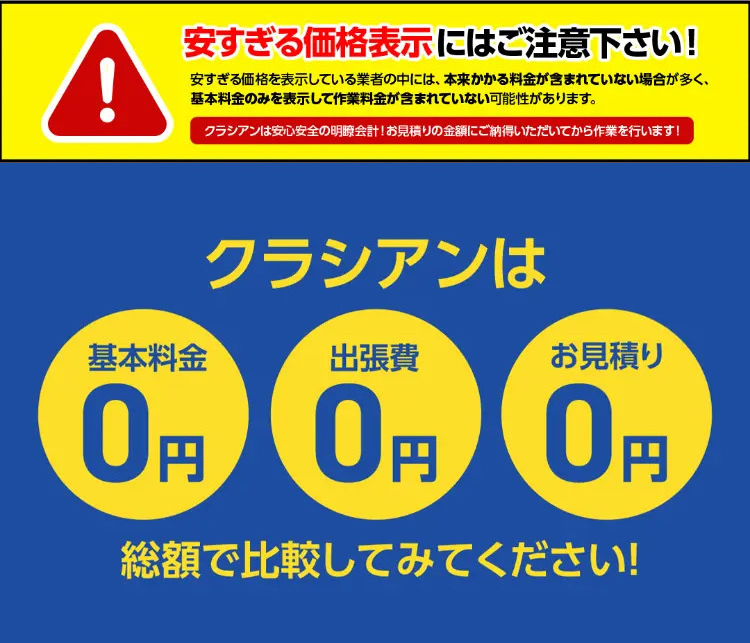 安すぎる価格表示にはご注意下さい!
安すぎる価格を表示している業者の中には、 本来かかる料金が含まれていない場合が多く、
基本料金のみを表示して作業料金が含まれていない可能性があります。
クラシアンは安心安全の明瞭会計! お見積りの金額にご納得いただいてから作業を行います!
クラシアンは
基本料金
出張費
お見積り
0 円 0 円 0 円
総額で比較してみてください!