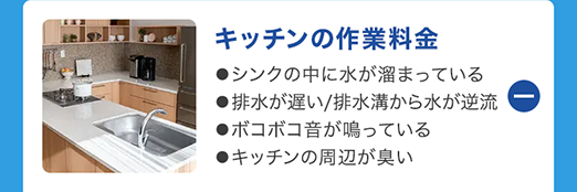 キッチンの作業料金
●シンクの中に水が溜まっている
●排水が遅い/排水溝から水が逆流
●ボコボコ音が鳴っている
●キッチンの周辺が臭い