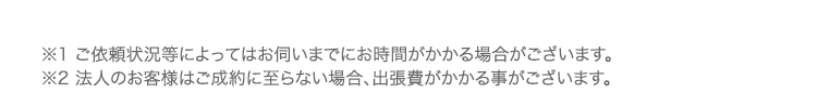 ※1 ご依頼状況等によってはお伺いまでにお時間がかかる場合がございます。
※2 法人のお客様はご成約に至らない場合、 出張費がかかる事がございます。
