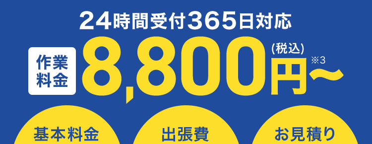 くらし安心ークラシアン
QR
最
KRACIN
水まわりの詰まり即解決!
30分で
駆けつけ!
作業時間の目安
最短30分~
CRNCAN
3時間程度 ※2
作業
料金
24時間受付365日対応
8,800円~
基本料金
出張費
お見積り
0 円 0 円 0 円
※1 ご依頼状況等によってはお伺いまでにお時間がかかる場合がございます。
※2 作業内容によっては記載の時間を超える場合がございます。 詳細は無料の現地
見積もりの際にご確認ください。
※3 作業料金について
作業の内容によっては、 料金が異なります。 事務手数料として諸経費が別途かかりま
す。
材料が必要な場合は、別途材料費がかかります。 また、 お客様ご用意の商品取付に関
しては、別途費用が発生する場合がございます。
営業所からの距離によっては別途費用がかかる場合がございます。 対象となるエリア
についてはお問い合わせください。
寒冷地については作業料金が割増しとなる場合があります。 対象となるエリアについ
てはお問い合わせください。
夜間・早朝のお伺いについては作業料金が割増しとなります。 詳細はお問い合わせく
ださい。
法人のお客様は料金体系が異なる場合がございます。 詳細はお問い合わせください。
※4 法人のお客様はご成約に至らない場合、出張費がかかる事がございます。