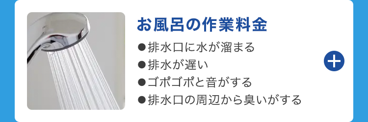 お風呂の作業料金
●排水口に水が溜まる
●排水が遅い
●ゴポゴポと音がする
●排水口の周辺から臭いがする
+