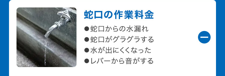 蛇口の作業料金
●蛇口からの水漏れ
●蛇口がグラグラする
●水が出にくくなった
●レバーから音がする