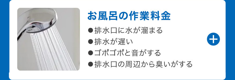 お風呂の作業料金
●排水口に水が溜まる
●排水が遅い
●ゴポゴポと音がする
●排水口の周辺から臭いがする
+