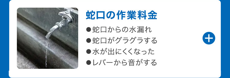 蛇口の作業料金
●蛇口からの水漏れ
●蛇口がグラグラする
●水が出にくくなった
●レバーから音がする
+