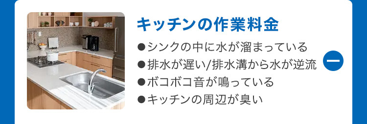 T
キッチンの作業料金
●シンクの中に水が溜まっている
●排水が遅い/排水溝から水が逆流
●ボコボコ音が鳴っている
●キッチンの周辺が臭い