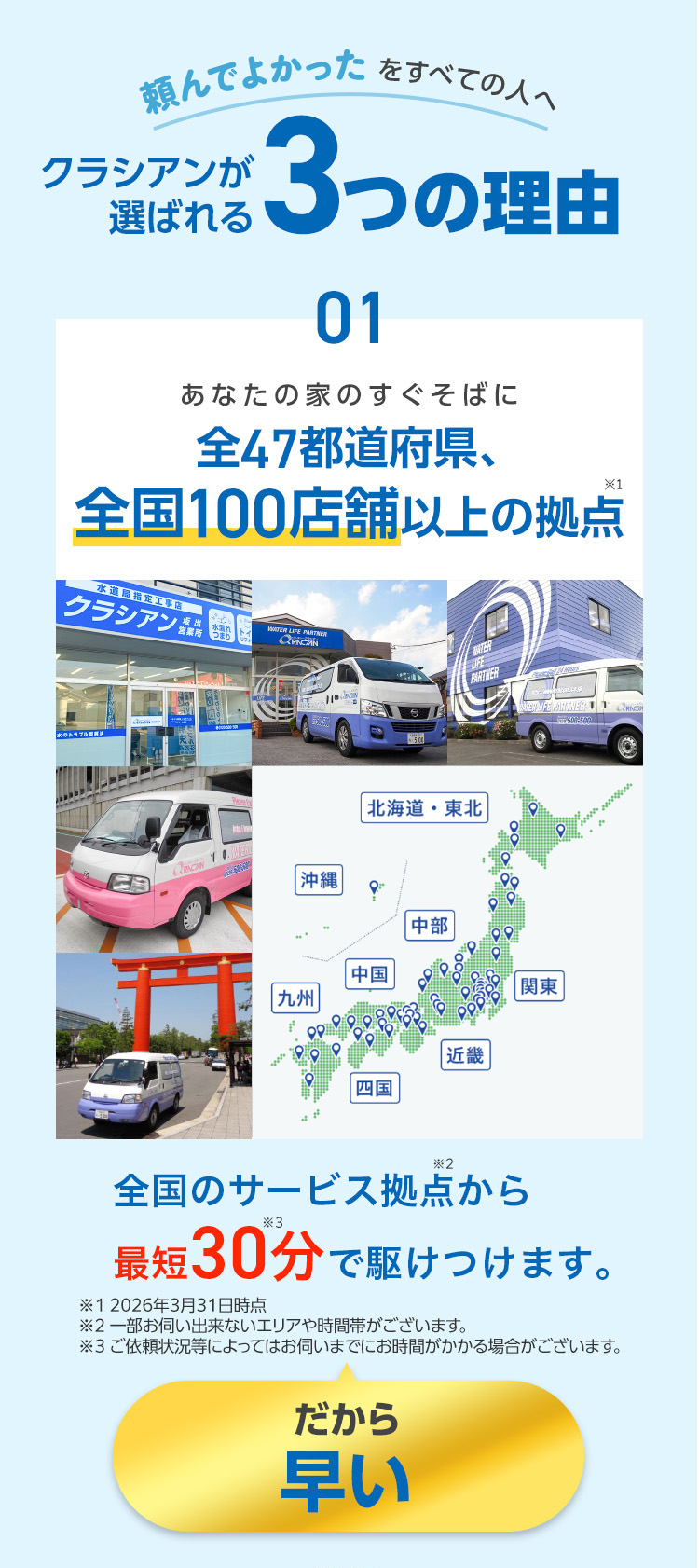 頼んでよかったをすべての人へ
クラシアンが
選ばれる
3つの理由
01
あなたの家のすぐそばに
全47都道府県、
全国100店舗以上の拠点
1
水道局指定工事店
クラシアン
WATER LIFE PARTNER
水漏れ
CRNCIAN
ARACIN 11
|沖縄
北海道・東北
|中部
中国
|九州
|近畿
四国
*2
PARTNER
PARTNER
CRNC
関東
wwwwwwwwww.
全国のサービス拠点から
*3
最短30分で駆けつけます。
※12026年3月31日時点
※2 一部お伺い出来ないエリアや時間帯がございます。
※3 ご依頼状況等によってはお伺いまでにお時間がかかる場合がございます。
だから
早い