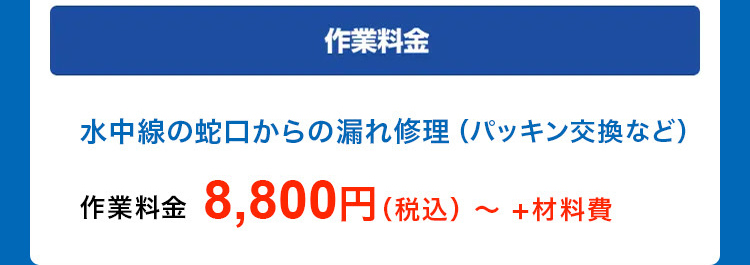 作業料金
水中線の蛇口からの漏れ修理 (パッキン交換など)
作業料金 8,800円(税込)~ +材料費