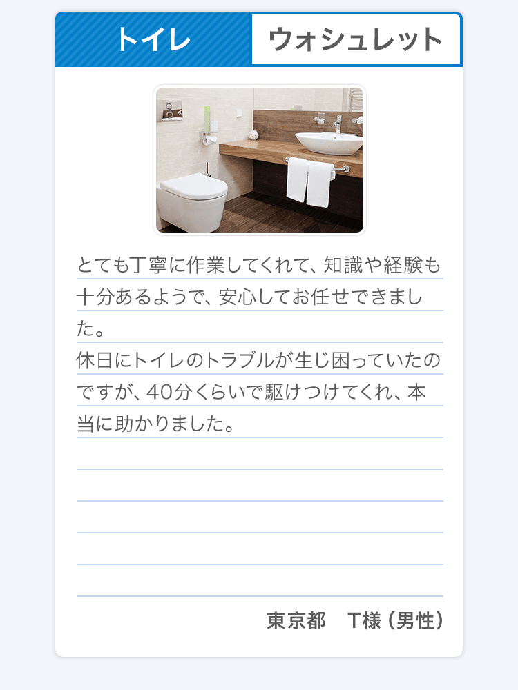 トイレ ウォシュレット とても丁寧に作業してくれて、知識や経験も十分あるようで、安心してお任せできました。休日にトイレのトラブルが生じ困っていたのですが、40分くらいで駆けつけてくれ、本当に助かりました。 東京都 T様（男性）